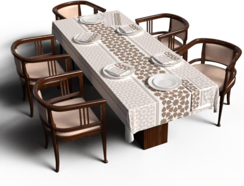 ART MOOD HOME Ramadan's Unique Oasis Tablecloth & Napkins Set Satin White & Biege 140W * 280L CM